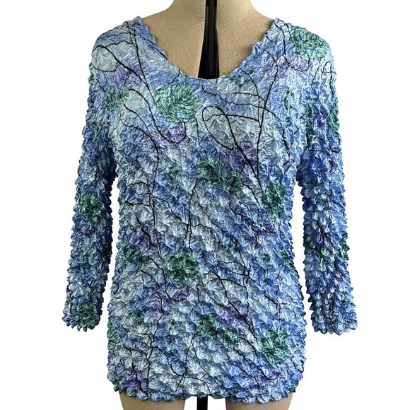 VTG Bubble TEXTURED Floral Pullover Top – Blue/Green Rosette Effect, Hand‑Wash - Picture 1 of 9